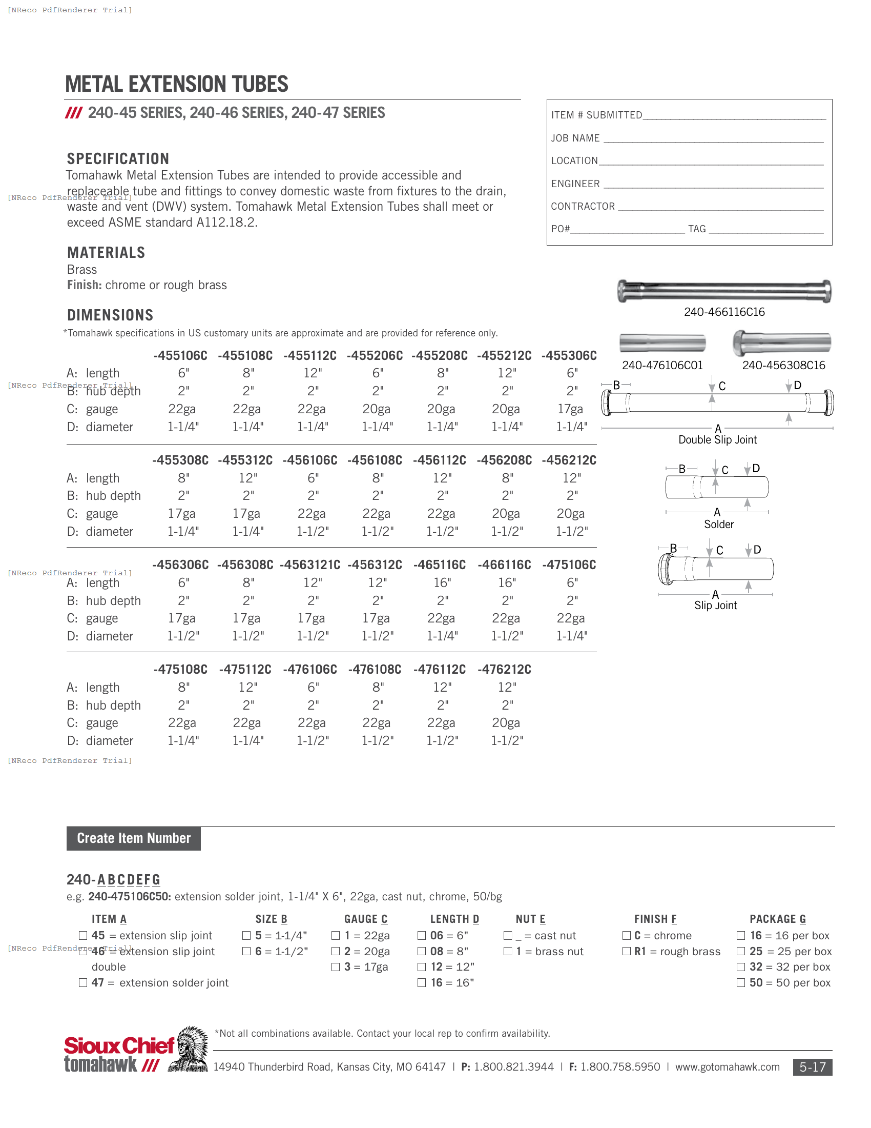 240 SERIES - METAL EXTENSION TUBE - SPEC SHEET.PDF Specification Document